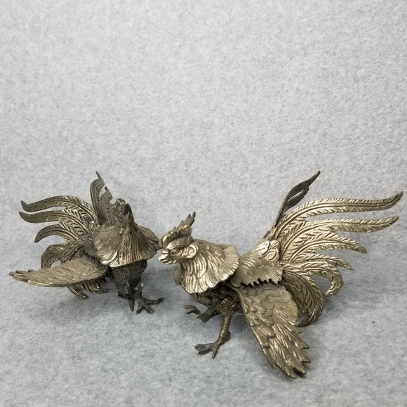 Pair Fighting Gamecock Roosters Vintage Italian Brass Figurines Made in Italy - Picture 10 of 17